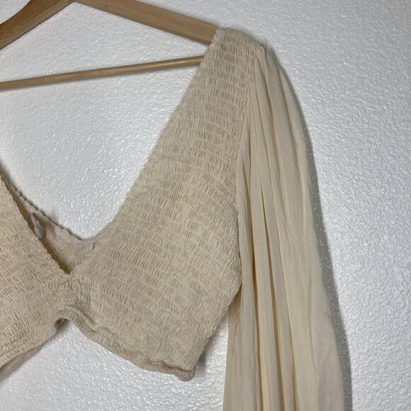 Indah Biru Crop Top Womens M Beige Smocked Sheer Balloon Sleeve Boho - Picture 5 of 16